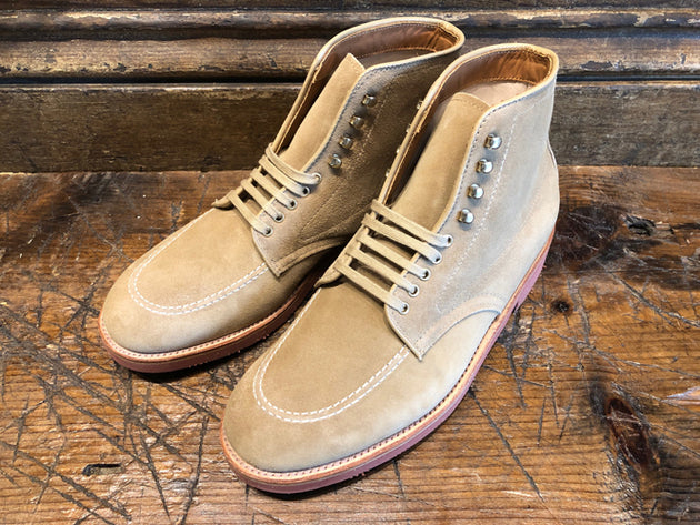 Alden x O & D Indy Boot in Light Tan Suede with Lightweight Ribbed Red Sole