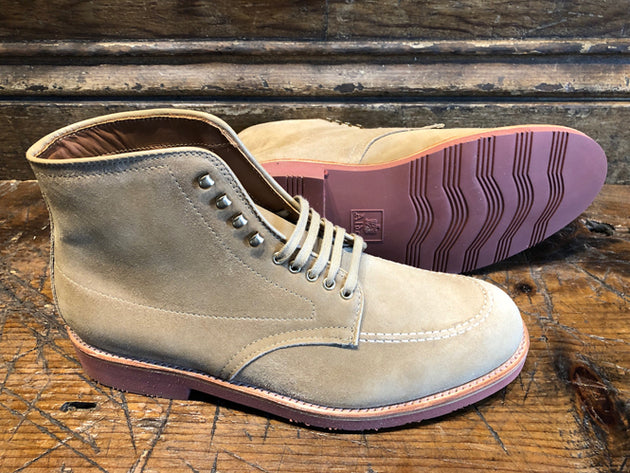 Alden x O & D Indy Boot in Light Tan Suede with Lightweight Ribbed Red Sole