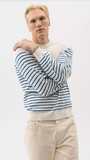 Holebrook Sweden Men's Gunnar Crew Neck Sweater in Off-White with Surf Blue Stripes