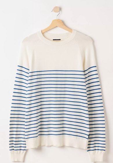 Holebrook Sweden Men's Gunnar Crew Neck Sweater in Off-White with Surf Blue Stripes