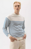 Holebrook Sweden Men's Gunnar Crew Neck Sweater in Off-White with Surf Blue Stripes
