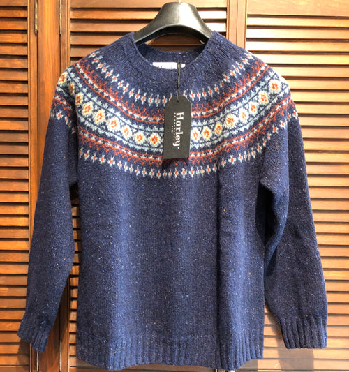 Harley of Scotland's Women's Glenugie Nep Fair Isle Yoke Crew Neck Sweater in Jura Blue