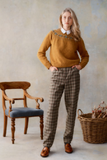 Harley of Scotland's Women's Cropped Fair Isle Yoke Crew Neck Sweater in Cummin with Shaggy Brush Finish