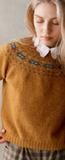 Harley of Scotland's Women's Cropped Fair Isle Yoke Crew Neck Sweater in Cummin with Shaggy Brush Finish