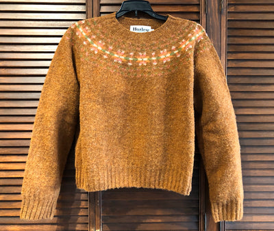 Harley of Scotland's Women's Cropped Fair Isle Yoke Crew Neck Sweater in Cummin with Shaggy Brush Finish