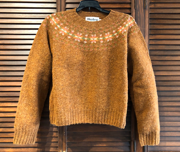 Harley of Scotland's Women's Cropped Fair Isle Yoke Crew Neck Sweater in Cummin with Shaggy Brush Finish
