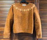 Harley of Scotland's Women's Cropped Fair Isle Yoke Crew Neck Sweater in Cummin with Shaggy Brush Finish