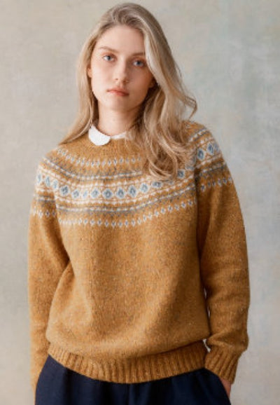 Harley of Scotland Women's Glenugie Nep Fair Isle Yoke Crew Neck Sweater in Barra