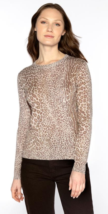 KINROSS CASHMERE LEOPARD PRINT CREW IN TAUPE MULTI