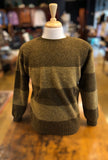Harley of Scotland Men's Rugby Stripe Crew Neck Sweater in Dark Olive and Asparagus Shaggy Brush