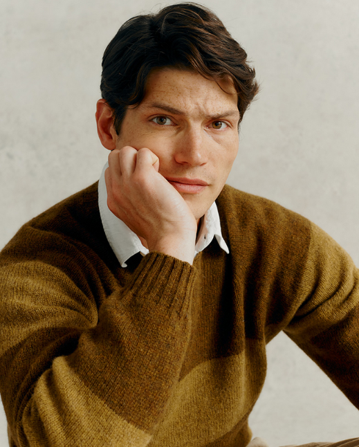 Harley of Scotland Men's Rugby Stripe Crew Neck Sweater in Dark Olive and Asparagus Shaggy Brush