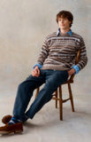 Harley of Scotland Men's All-Over Fairisle Crew Neck Sweater in Mushroom