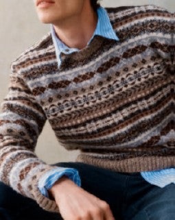 Harley of Scotland Men's All-Over Fairisle Crew Neck Sweater in Mushroom