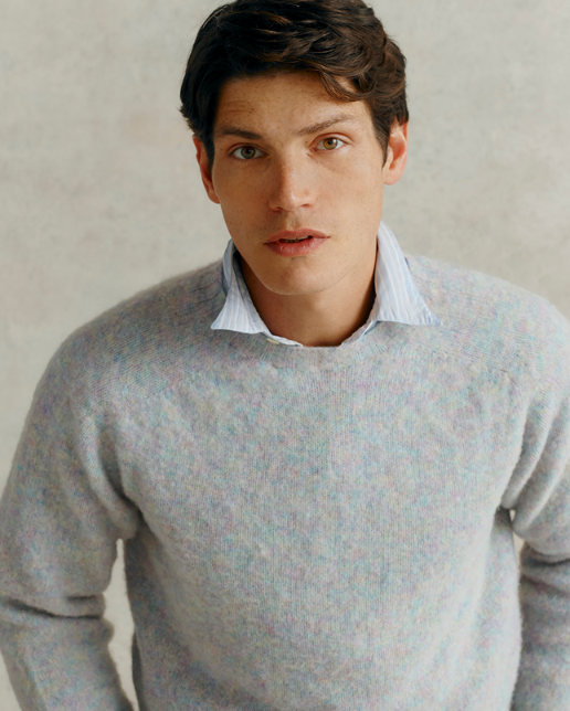 Harley of Scotland Men's Supersoft Wool Crew Neck Sweater in Ugie Pearl/ Aurora Shaggy Brush