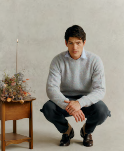 Harley of Scotland Men's Supersoft Wool Crew Neck Sweater in Ugie Pearl/ Aurora Shaggy Brush