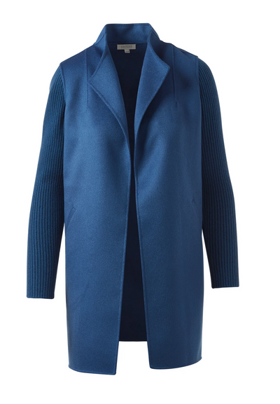 KINROSS CASHMERE RIBBED SLEEVE COAT IN SAPHIRE