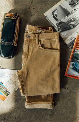 HIROSHI KATO 10.5 OZ STRETCH SELVEDGE DENIM IN FADED RUSTIC COPPER