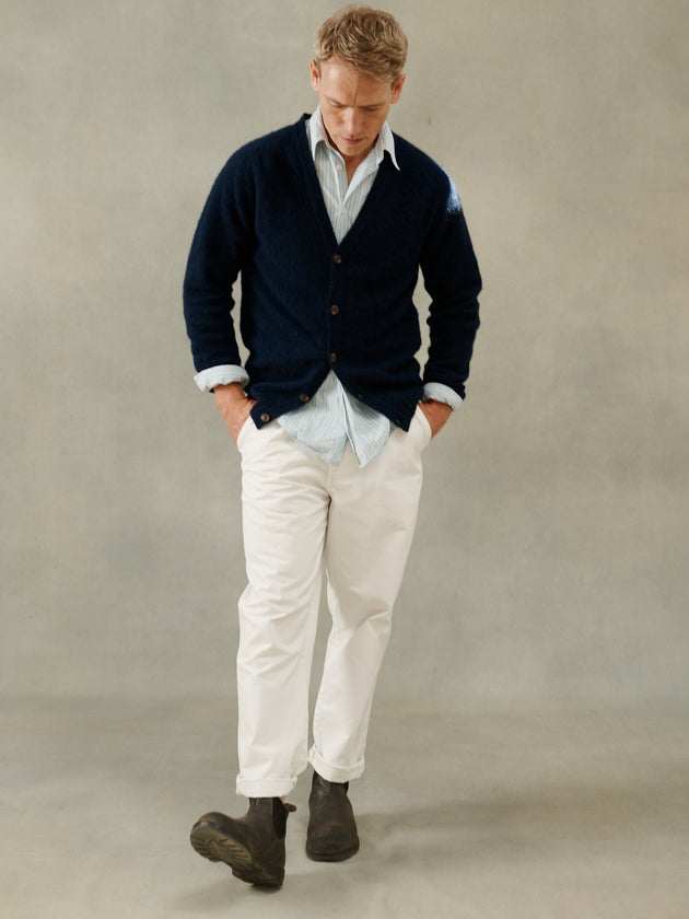 Harley of Scotland Men's Saddle Shoulder Cardigan in New Navy Shaggy Brush