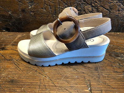 GABOR AUDREY WEDGE SANDAL WITH TAUPE NUBUCK & METALLIC LEATHER STRAPS