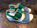 GABOR AUDREY WEDGE SANDAL WITH GREEN & PALE BLUE NUBUCK LEATHER STRAPS