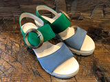 GABOR AUDREY WEDGE SANDAL WITH GREEN & PALE BLUE NUBUCK LEATHER STRAPS