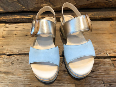 GABOR AUDREY WEDGE SANDAL WITH PALE BLUE NUBUCK & METALLIC LEATHER STRAPS