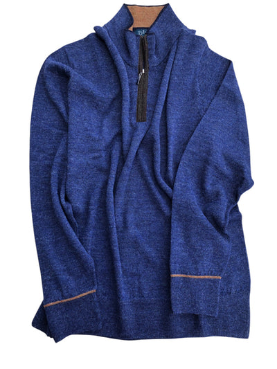 BLUE 1899 Men's Baby Alpaca 1/4 Zip Sweater in Indigo with Contrasting Trim.