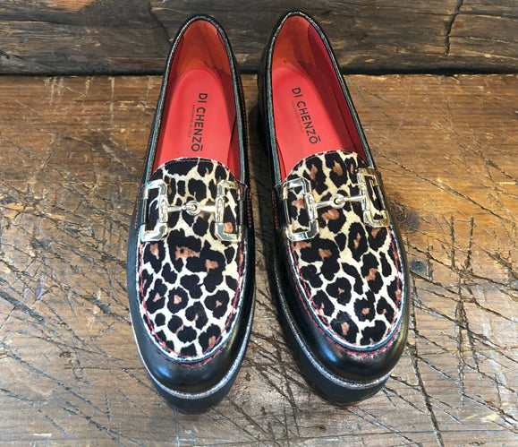DI CHEZNO BIT LOAFER IN BLACK CALFSKIN WITH LEOPARD PRINT