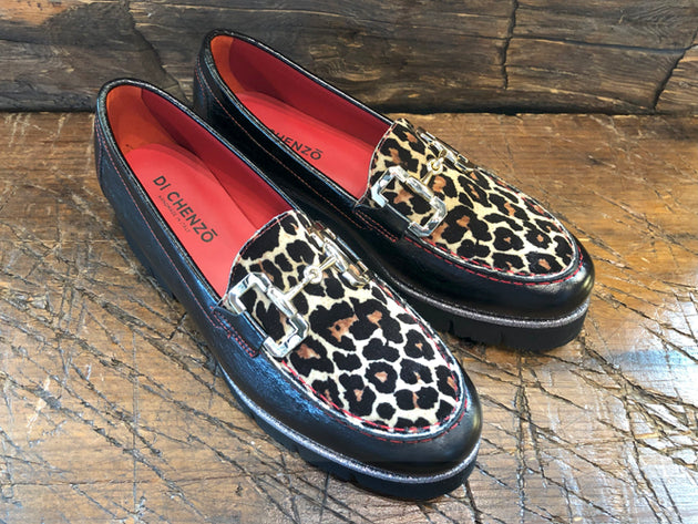 DI CHEZNO BIT LOAFER IN BLACK CALFSKIN WITH LEOPARD PRINT