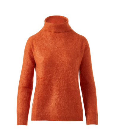 KINROSS CASHMERE BRUSHED CASHMERE FUNNEL NECK SWEATER IN BRANDY