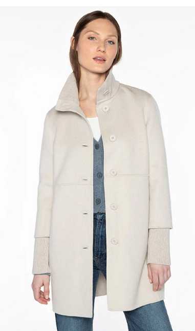 KINROSS BUTTON FRONT KNIT TRIM COAT IN BIRCH COLOR