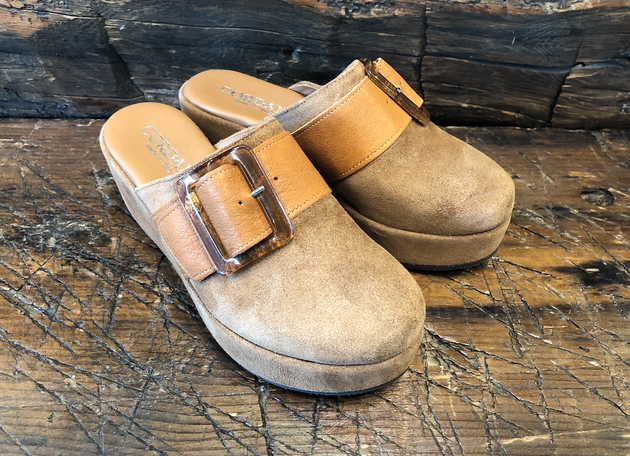 CORDANI CAMRYN-B CLOG IN CLOVE SUEDE WITH TAN BUCKLE STRAP