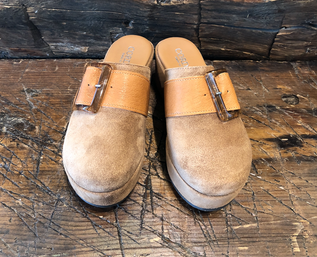 CORDANI CAMRYN-B CLOG IN CLOVE SUEDE WITH TAN BUCKLE STRAP