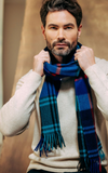 JOSHUA ELLIS 100% CASHMERE SCARF IN BLUE/BLACK PLAID