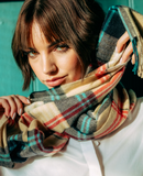 JOSHUA ELLIS 100% CASHMERE SCARF IN CAMEL/NAVY PLAID