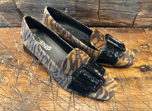 DI CHENZO IBIZI SAFARI PRINT SUEDE PUMP WITH PATENT BUCKLE