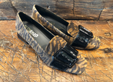 DI CHENZO IBIZI SAFARI PRINT SUEDE PUMP WITH PATENT BUCKLE