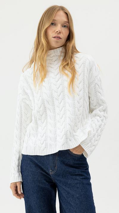 HOLEBROOK SWEDEN WOMEN'S EMMIE T-NECK CABLE SWEATER IN WHITE
