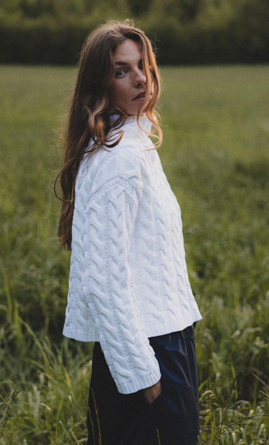 HOLEBROOK SWEDEN WOMEN'S EMMIE T-NECK CABLE SWEATER IN WHITE