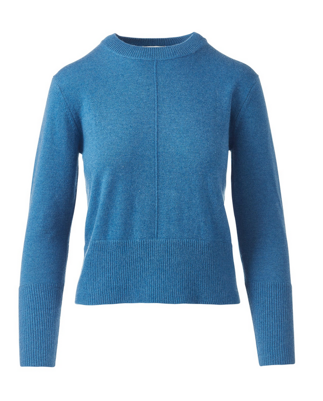 KINROSS CASHMERE EXPOSED SEAM CREW NECK SWEATER IN SAPHIRE BLUE