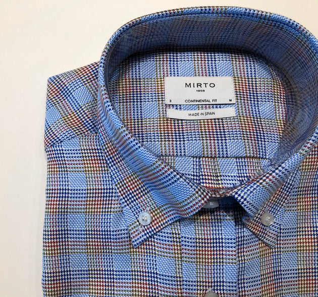 Mirto Long Sleeve Sport Shirt in Light Blue with Dark Blue, Red, Tan Plaid