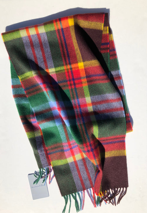 JOSHUA ELLIS HANDMADE 100% CASHMERE SCARF IN BURGUNDY/GREEN PLAID