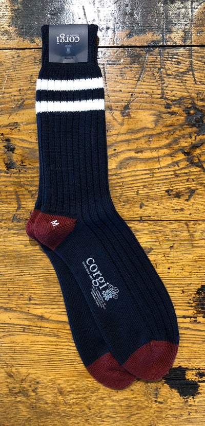 Corgi Heavyweight Wool/Cotton Casual Socks in Navy with Creme Stripe