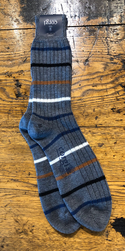 Corgi Heavyweight Wool/Cotton Casual Socks in Grey Striped