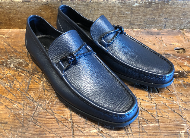 Magnanni Gentry Loafer with Braid Ornament in Tumbled Navy Calfskin with Rubber Sole