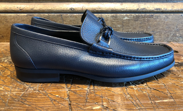 Magnanni Gentry Loafer with Braid Ornament in Tumbled Navy Calfskin with Rubber Sole