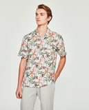 Mirto Short Sleeve Gray and Coral Palm Tree Print Cotton Sport Shirt