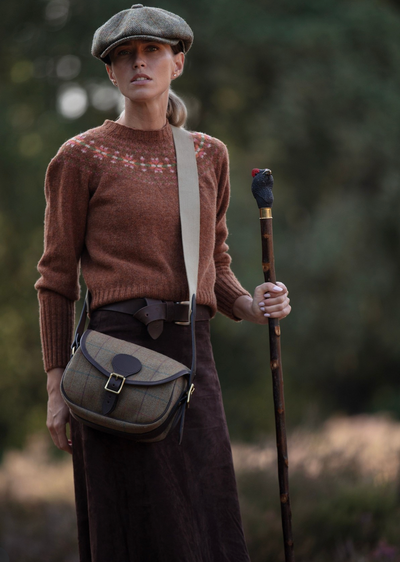 Harley of Scotland's Women's Cropped Fair Isle Yoke Crew Neck Sweater in Cummin with Shaggy Brush Finish