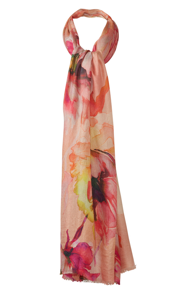 KINROSS CASHMERE HIGHLAND BLOOMS PRINT SCARF IN SANDSTONE MULTI
