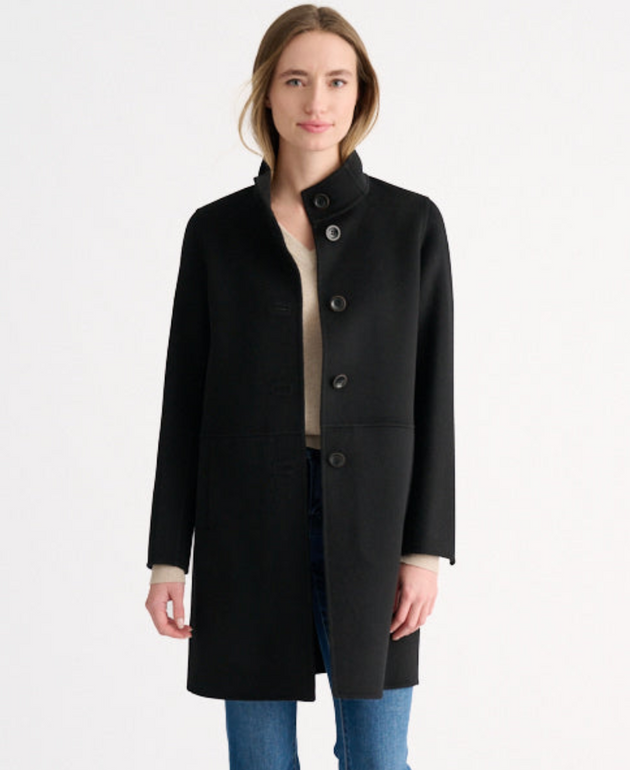 KINROSS CASHMERE HIGH BUTTON MOCK NECK COAT IN BLACK